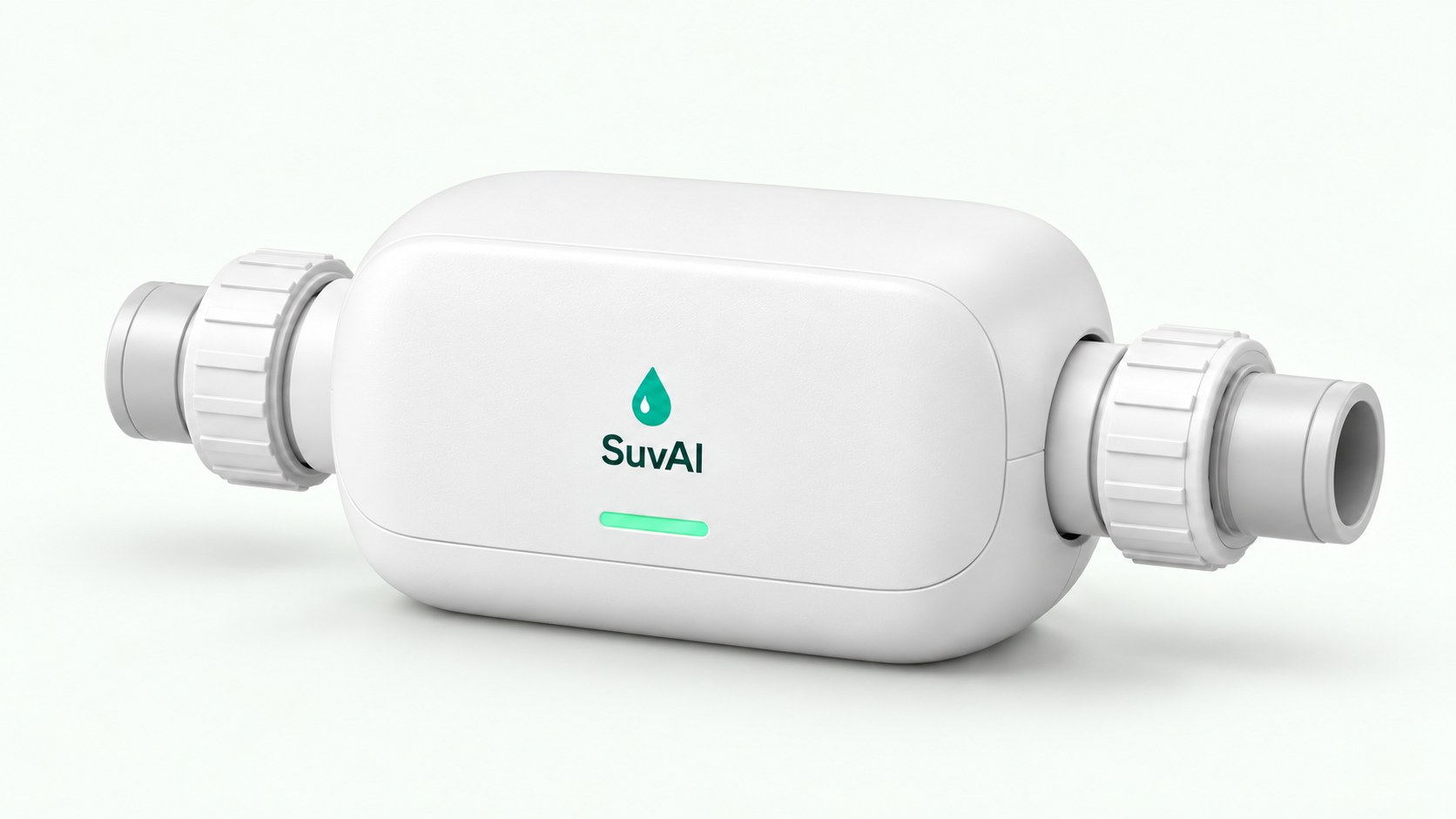Concept render of the SuvAI device: a compact white inline unit with threaded pipe fittings on both ends, the SuvAI logo on top and a green status light.